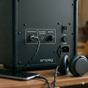 Close-up of the headphone and aux inputs on the back of a bass guitar practice amplifier.
