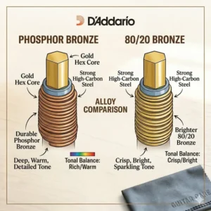 Side-by-side alloy comparison of phosphor bronze and 80/20 bronze from an acoustic guitar strings kit.
