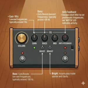 Detailed view of the EQ and gain control knobs on a modern acoustic guitar preamp pedal.