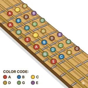 A detailed, color-coded chart mapping all the bass guitar strings and notes across the first 12 frets.