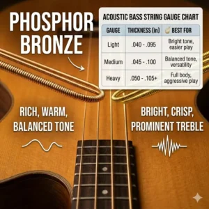 A detailed gauge thickness chart helping users select the best acoustic bass strings for their playing style.