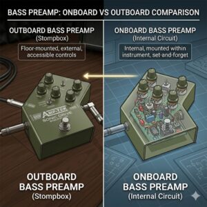 Side-by-side illustration comparing an internal onboard bass guitar preamp circuit and an external stompbox preamp.