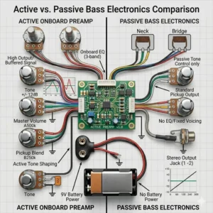 A comparison chart showing the differences between active electronics with a bass guitar onboard preamp and standard passive circuits.