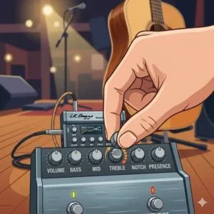 A musician’s hand adjusting the bass and treble knobs on an acoustic guitar preamp to dial in a natural acoustic tone.