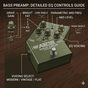 Detailed illustration of the EQ control knobs on a bass guitar preamp including frequency sweep and gain stages.