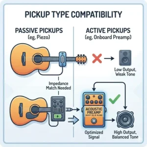 Illustration 3: A comparison chart explaining why different pickup types require the best acoustic guitar preamp for optimal tone.