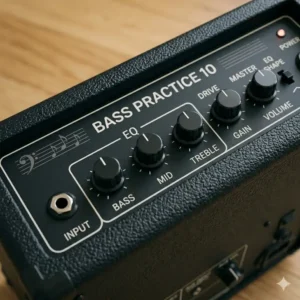 Detailed view of the EQ and volume control interface of a bass guitar practice amplifier.