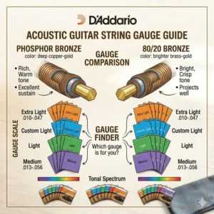 A visual gauge guide for an acoustic guitar strings kit showing different string thicknesses from light to medium.