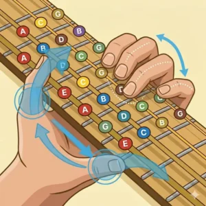 An educational illustration showing a musician's hand position and how to produce clear musical notes on bass guitar strings.