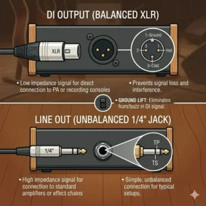 Rear view illustration showing the XLR and line output connections of an acoustic guitar preamp pedal.