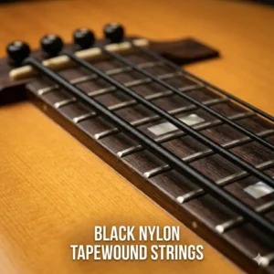 Close-up of black nylon tapewound strings, often cited as the best acoustic bass strings for a warm upright sound.
