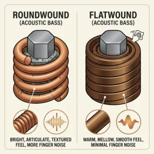 A cross-section diagram showing the difference between roundwound and flatwound acoustic bass strings.