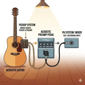 An illustrative diagram showing the connection from an acoustic guitar pickup to an acoustic guitar preamp and then to a PA system.