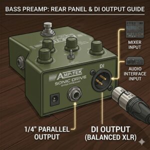 Illustration of an XLR cable connecting to the balanced output of a bass guitar preamp for live sound reinforcement.