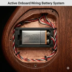 Close-up of the 9V battery housing required to power a high-gain bass guitar onboard preamp.