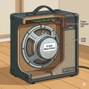 A cozy bedroom practice corner with an electric bass leaning against a bass guitar practice amplifier.