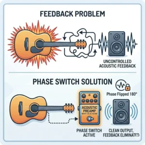 Illustration 4: Visual guide on how the best acoustic guitar preamp uses a phase switch to eliminate stage feedback.