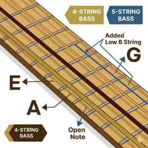 A comparison diagram showing a 4-string and 5-string model, detailing the added low B string on bass guitar strings and notes.