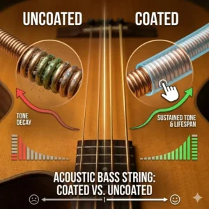 Infographic comparing coated and uncoated lifespan to determine the best acoustic bass strings for durability.