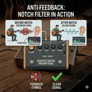 Graphic explanation of how a notch filter works within an acoustic guitar preamp pedal to stop feedback.