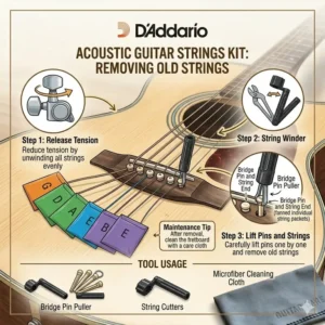 Step-by-step instructions on how to remove bridge pins using tools from an acoustic guitar strings kit.