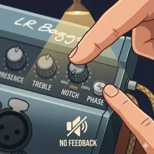 Close-up of the notch filter and phase switch on an acoustic guitar preamp used to eliminate stage feedback.