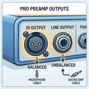 Illustration 5: Detailed view of the back panel of the best acoustic guitar preamp showing XLR DI and line outputs.