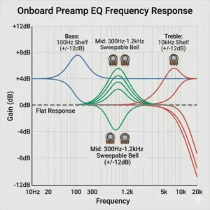 A digital graph showing how the EQ bands of a bass guitar onboard preamp affect different sound frequencies.
