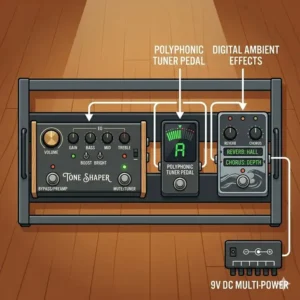 A top-down view of a professional pedalboard featuring an acoustic guitar preamp pedal alongside other effects.