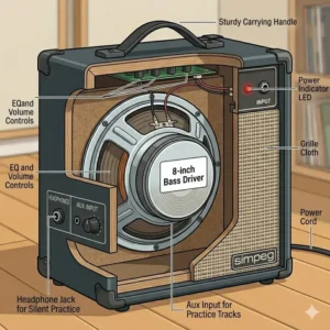 Technical cutaway diagram showing the 8-inch speaker driver of a bass guitar practice amplifier.