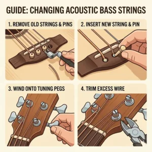 A guide showing how to clean and maintain acoustic bass strings to prevent corrosion.
