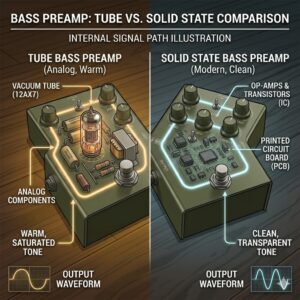 Graphic representation of the tonal differences between a vacuum tube bass guitar preamp and a modern solid-state circuit.