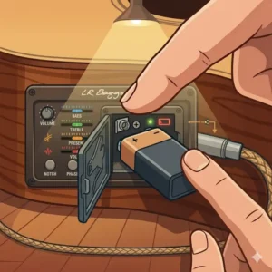 A 9V battery being inserted into an active acoustic guitar preamp system.