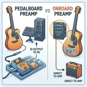 Illustration 6: Comparison between a pedalboard-style and an onboard-style best acoustic guitar preamp system.