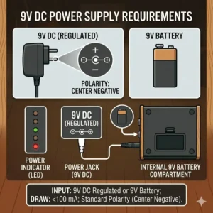 Technical drawing of the 9V DC power requirements and battery compartment for an acoustic guitar preamp pedal.