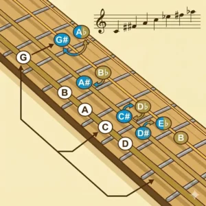 A focused diagram explaining the location of sharp and flat accidental notes on the bass guitar strings and notes fretboard.