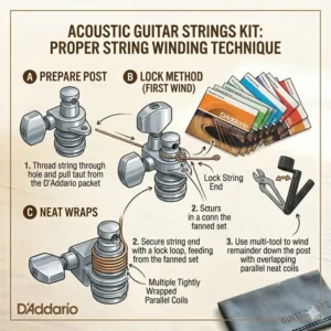 An overview of essential maintenance tools like cutters and winders included in this acoustic guitar strings kit.