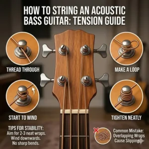 Visual guide on how to properly wind and install the best acoustic bass strings on tuning pegs.