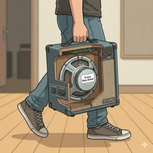 A musician easily carrying a lightweight and portable bass guitar practice amplifier by its handle.