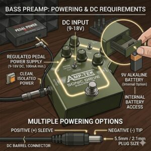 Illustration showing how to power a bass guitar preamp using a 9V battery or a dedicated pedalboard power supply.