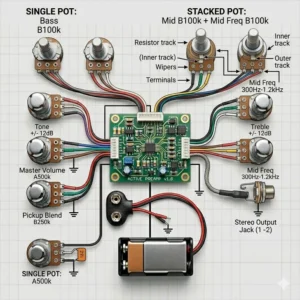 Technical layout of stacked concentric potentiometers connected to a bass guitar onboard preamp circuit.