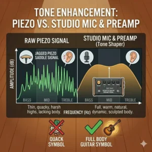 Frequency response graph showing how an acoustic guitar preamp pedal improves the tone of a piezo pickup.