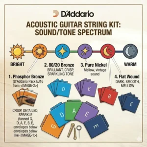 A tone spectrum chart illustrating the sound profiles of different types of an acoustic guitar strings kit.