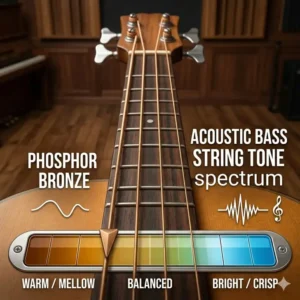 A tone spectrum scale ranging from warm to bright to identify the best acoustic bass strings for your genre.