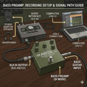 A home studio setup illustration featuring a bass guitar preamp connected to a computer audio interface for direct recording.