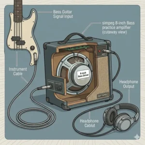 Illustrative diagram of the signal flow from the instrument through the bass guitar practice amplifier to headphones.