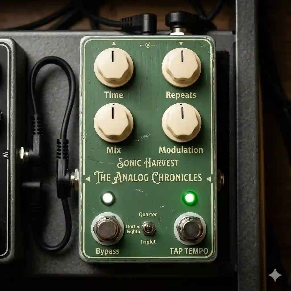A professional top-down view of a boutique analog delay pedal with tap tempo featuring green enclosure and cream knobs.