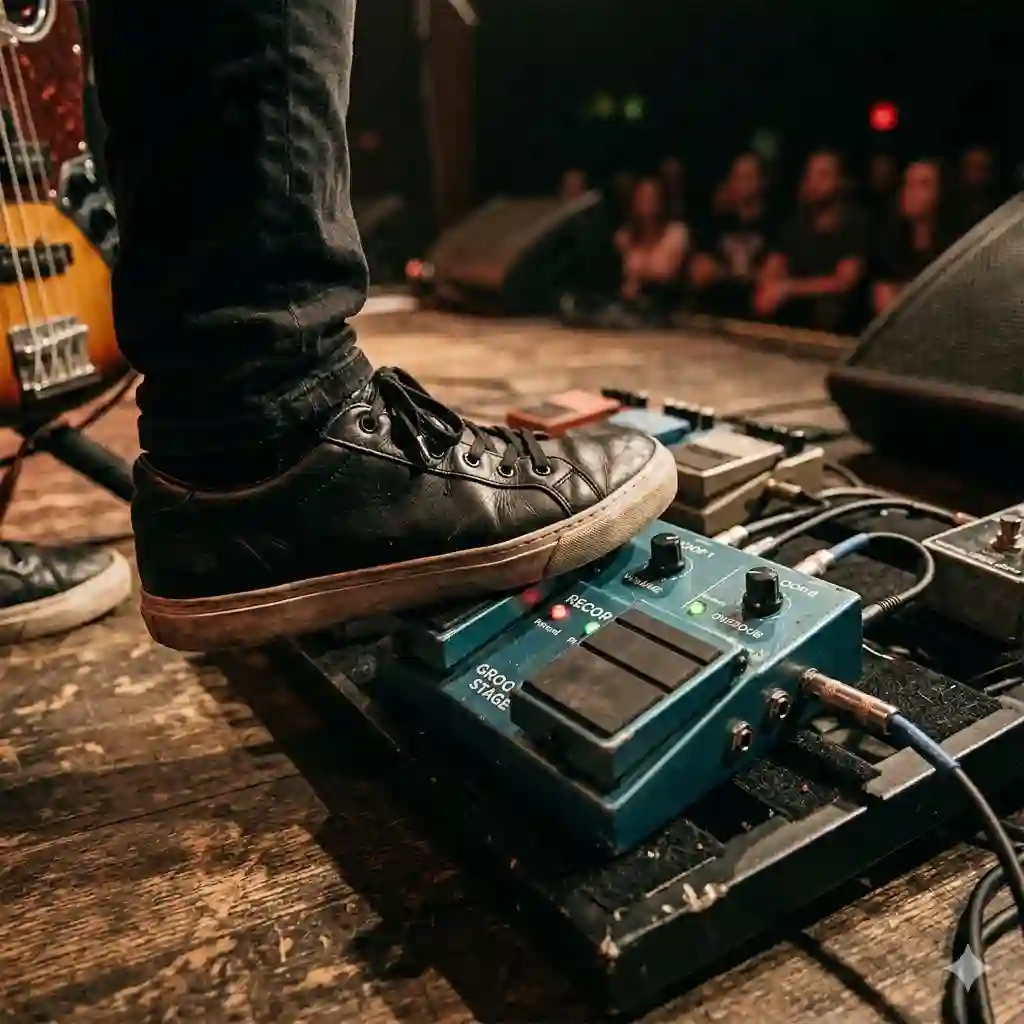 A musician using a professional bass guitar loop pedal during a live stage performance.