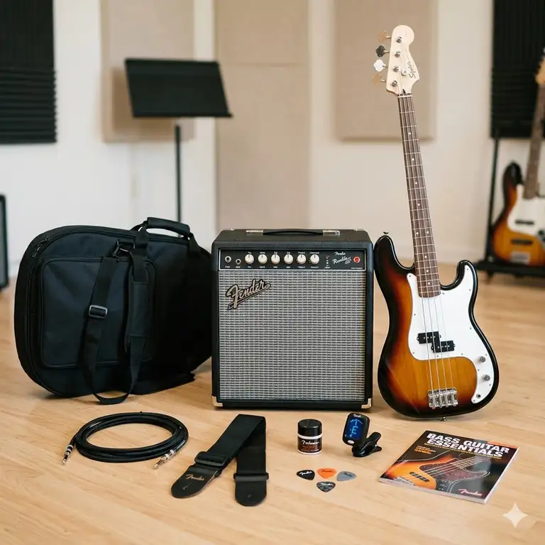 A comprehensive bass amp package featuring a solid-state amplifier, a four-string electric bass guitar, and essential accessories.
