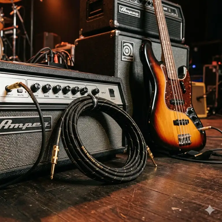 A heavy-duty premium best bass guitar cable plugged into an electric bass next to a stage amplifier.
